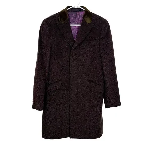 Ted Baker London Men’s Brown Herringbone Overcoat Velvet Collar Lined Coat Small - Picture 1 of 8